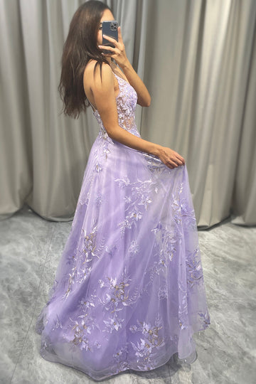 A Line Lavender Spaghetti Straps Tulle Prom Dress with Appliques